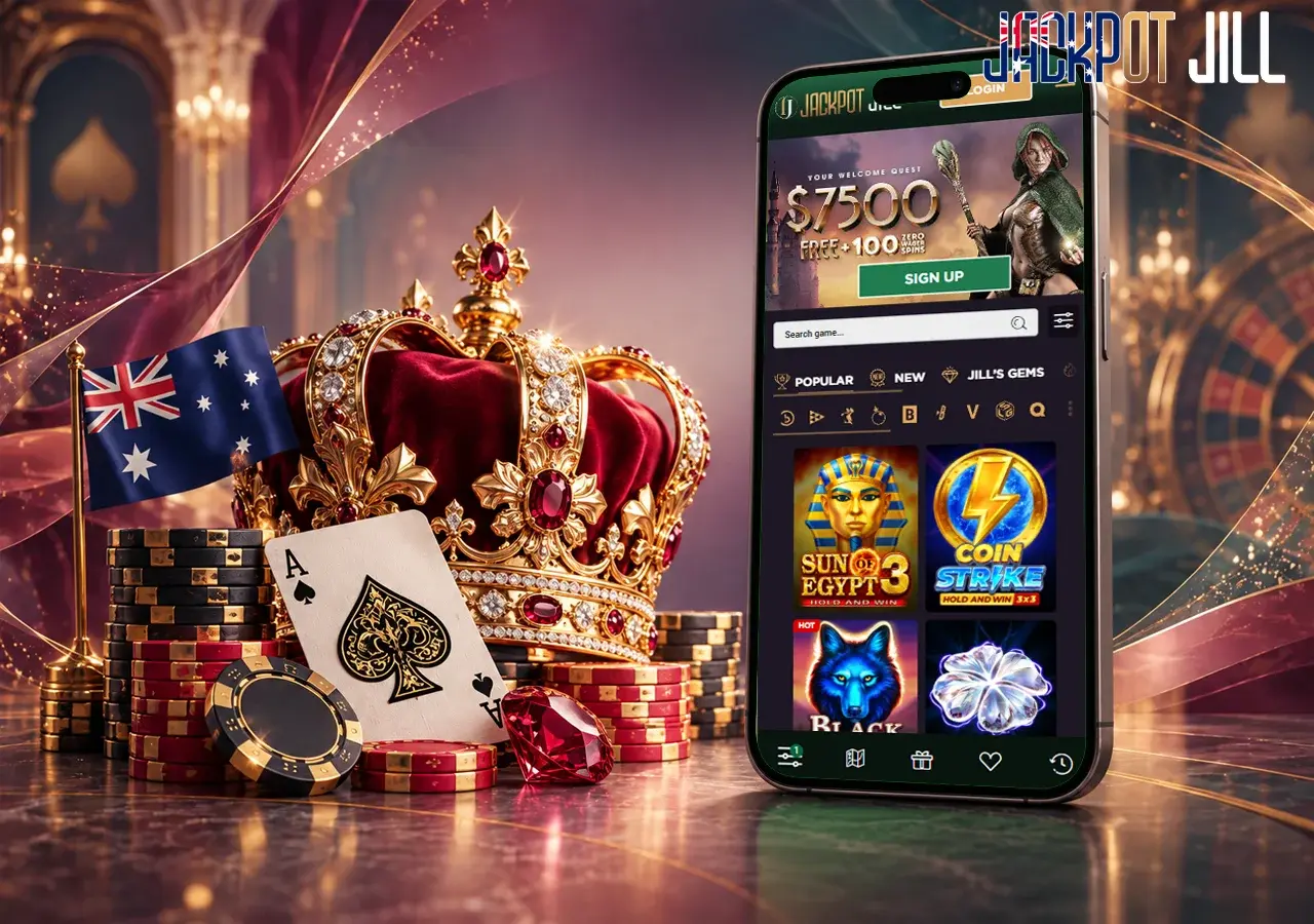 Jackpot Jill’s mobile casino lobby sits beside a jeweled crown, cards and Australian colours