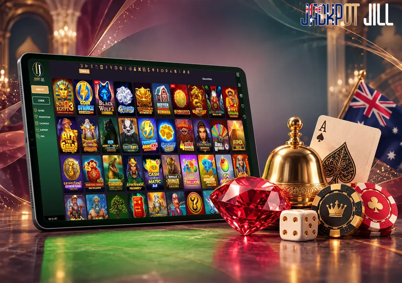 A colourful casino game library appears beside dice, cards, a red gem and chips