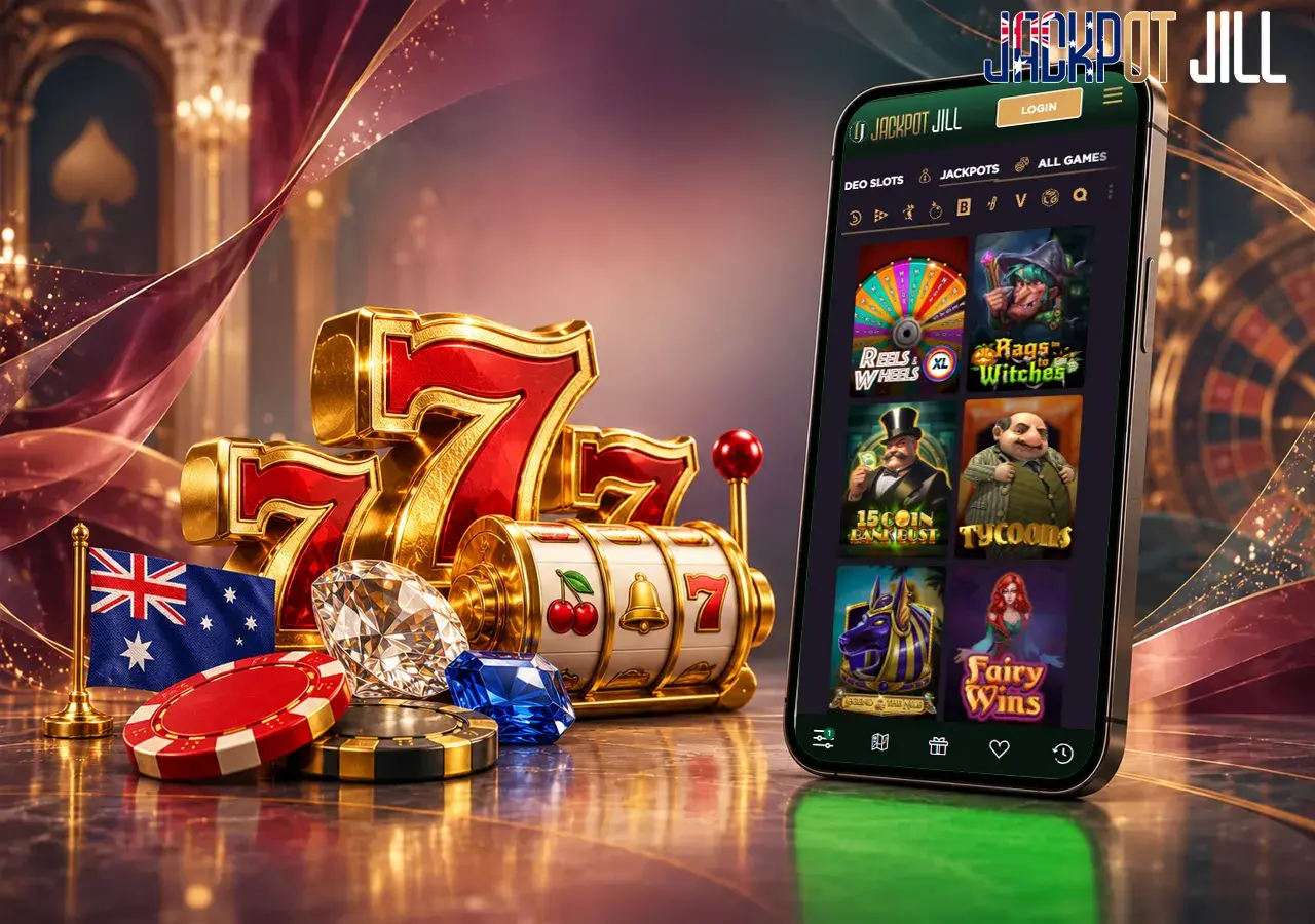 A glowing 777 slot and poker chips set the scene for mobile pokies and jackpots
