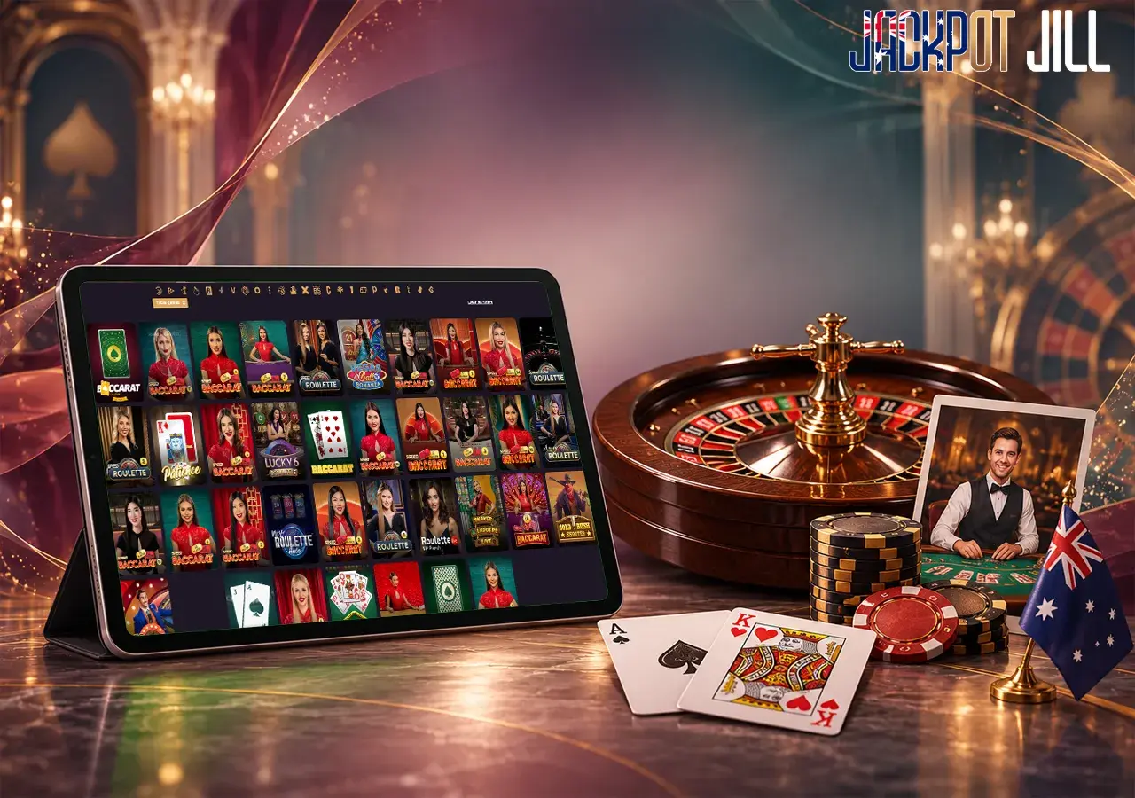 Jackpot Jill live casino games sit beside a roulette wheel, dealer and playing cards