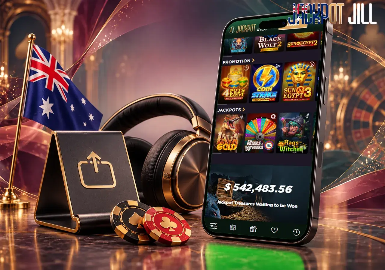 Mobile casino games appear beside wireless headphones and a share icon, ready to play anywhere