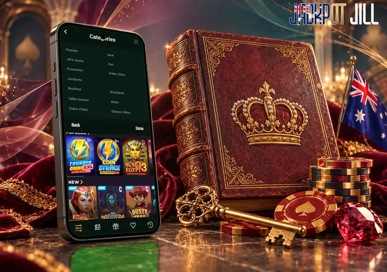 A phone displays casino games beside an ornate crowned book, gold chips and a kangaroo
