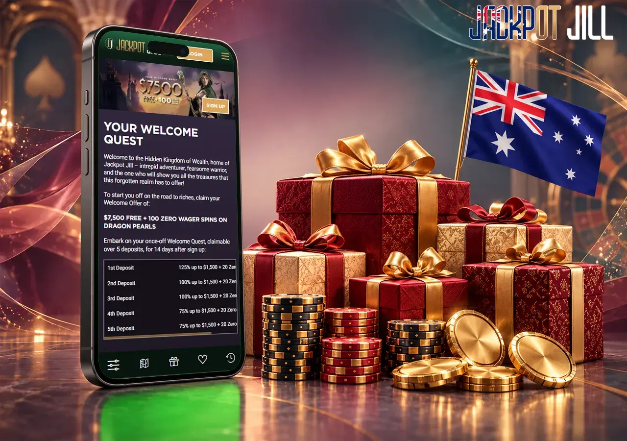 Jackpot Jill’s mobile welcome offer sits among gift boxes, chips and the Australian flag