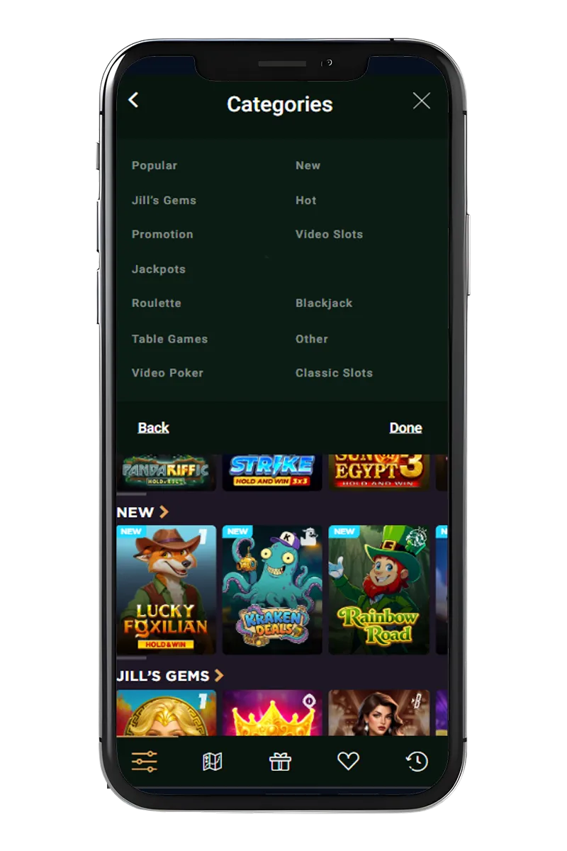 Screenshot of a mobile phone screen showing Jackpot Jill categories.
