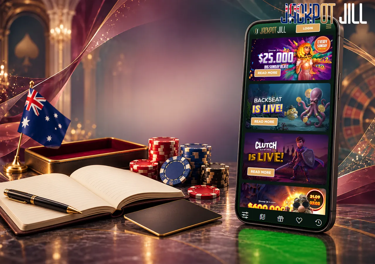 A phone lists casino promotions beside an open notebook, poker chips and a small Australian flag
