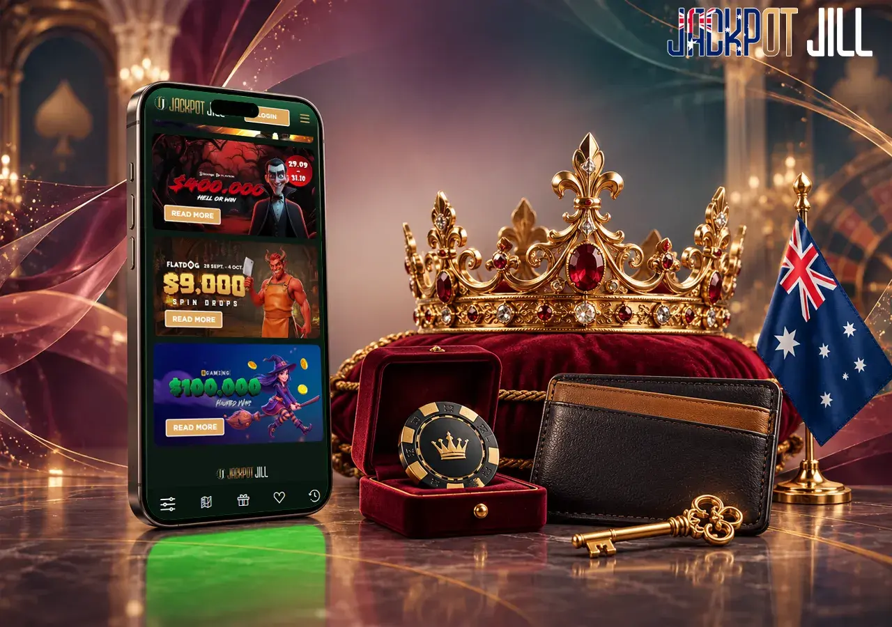 Mobile VIP rewards sit beside a gold crown, leather wallet, casino chips and the Australian flag