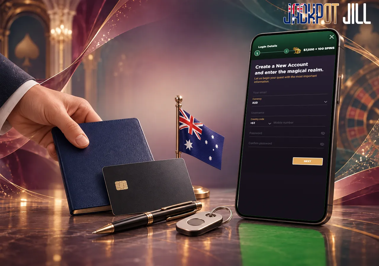 A registration form on a tablet appears beside a passport, bank card and Australian flag