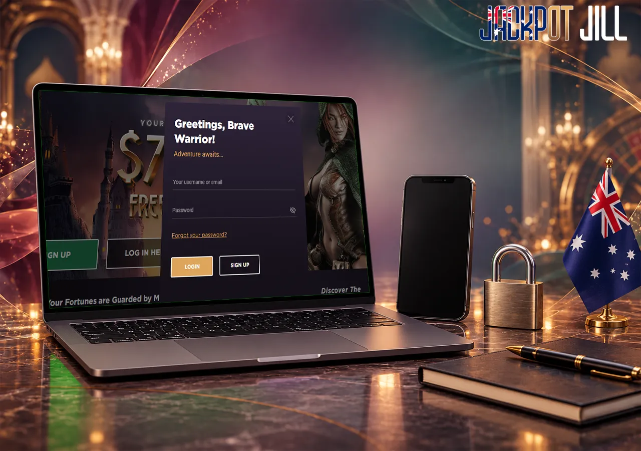 Jackpot Jill’s login page on a laptop, with a phone and padlock signalling account access